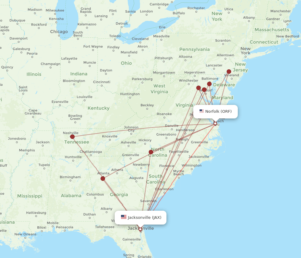 JAX to ORF flights and routes map