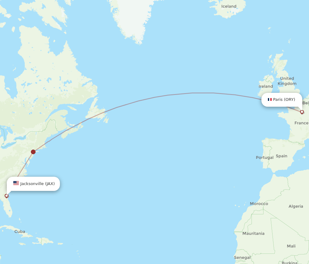 Jacksonville - Paris route map and flight paths