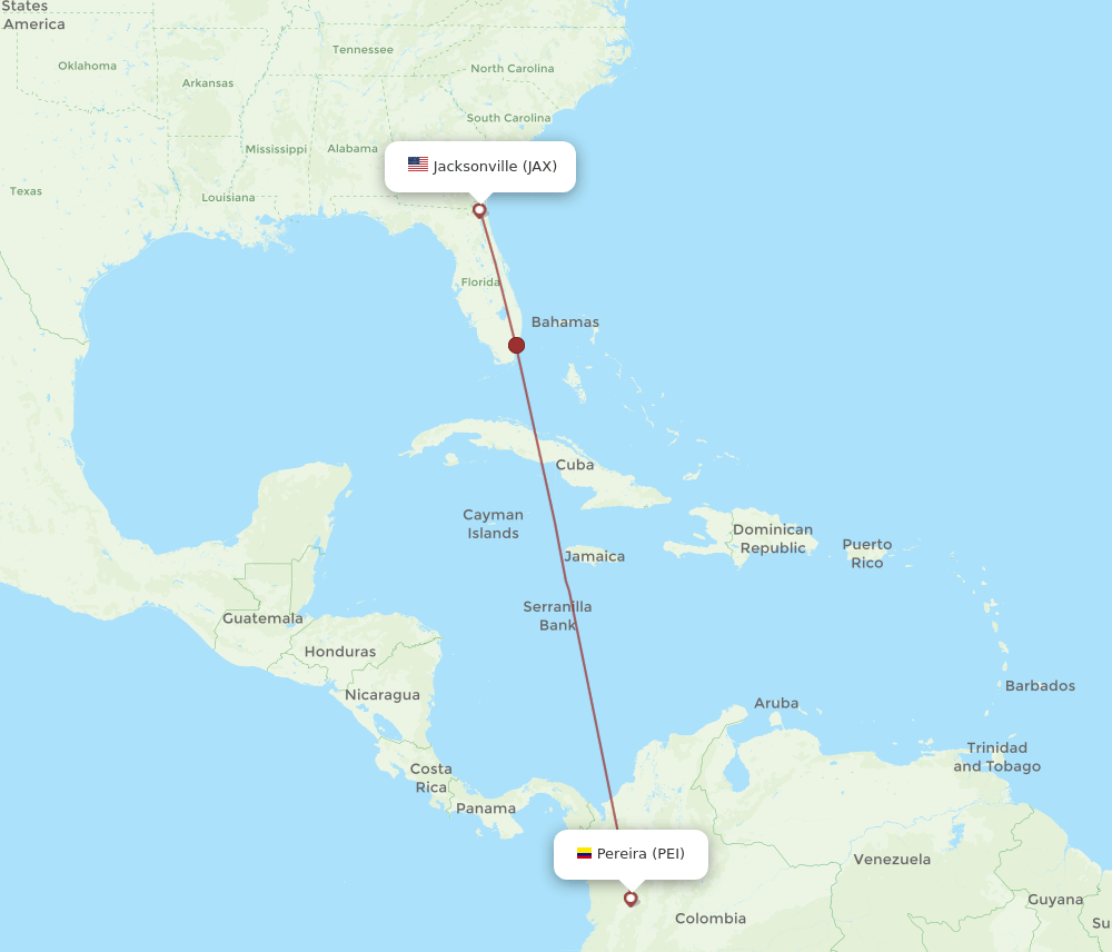 Jacksonville - Pereira route map and flight paths