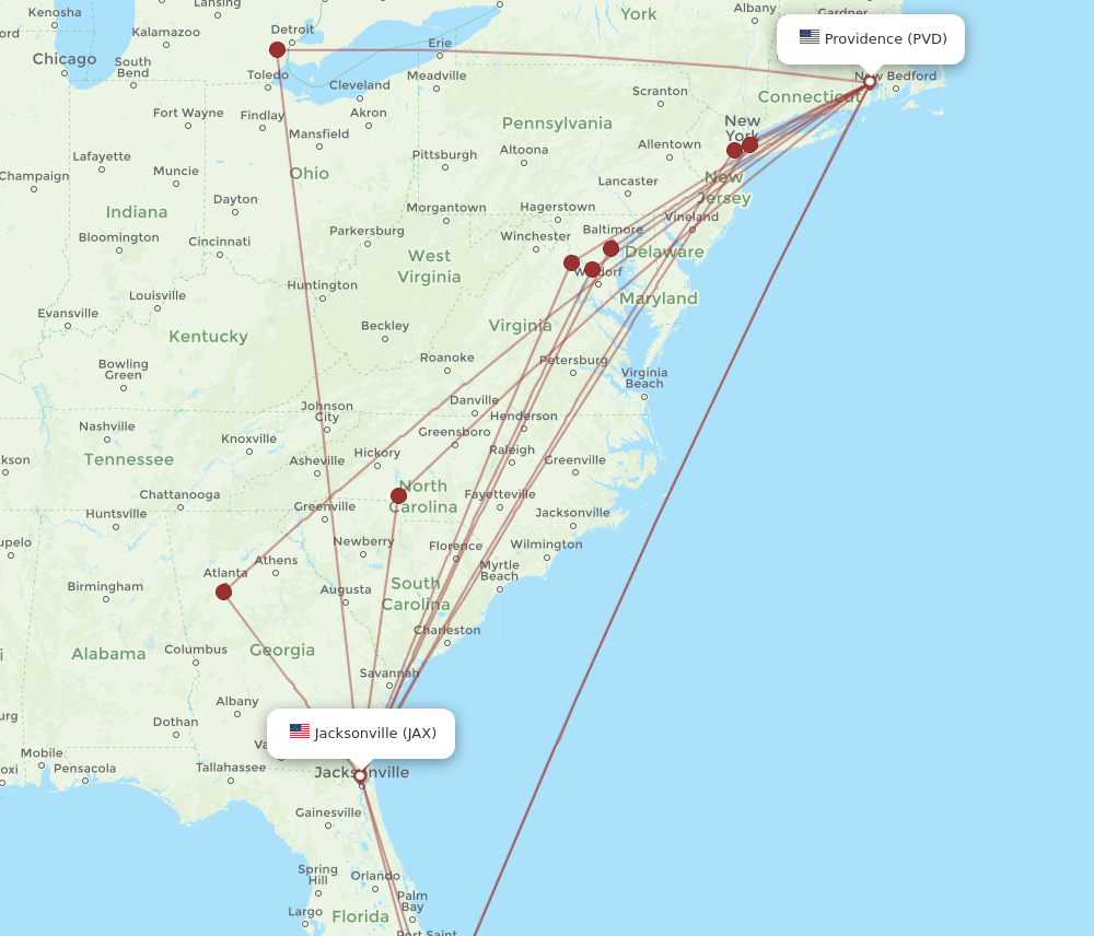 JAX to PVD flights and routes map