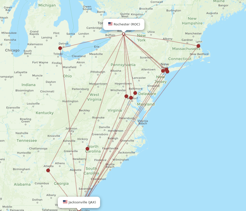 JAX to ROC flights and routes map