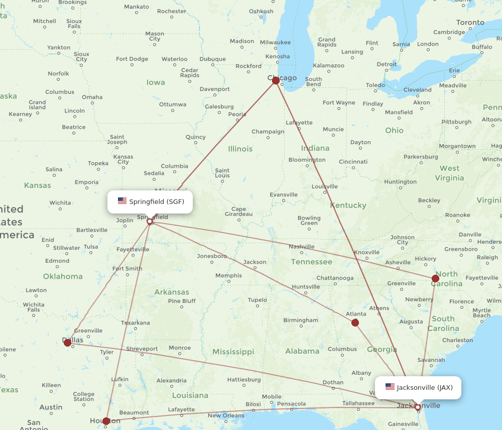 JAX to SGF flights and routes map