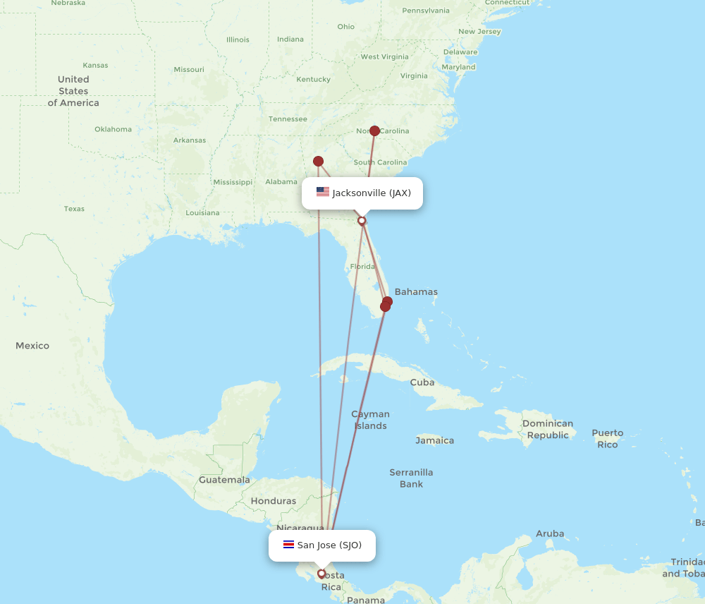 JAX to SJO flights and routes map