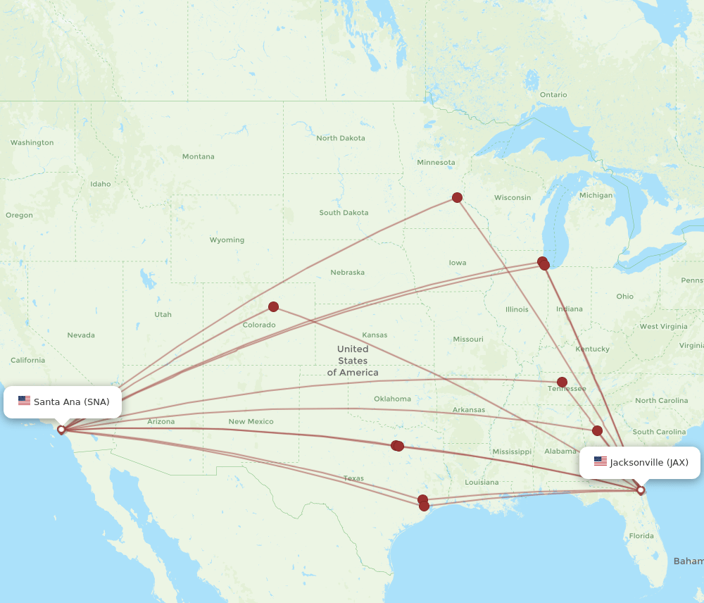 JAX to SNA flights and routes map