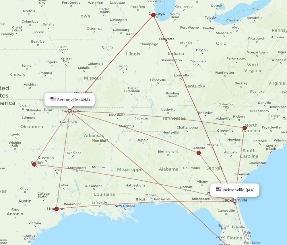 JAX to XNA flights and routes map