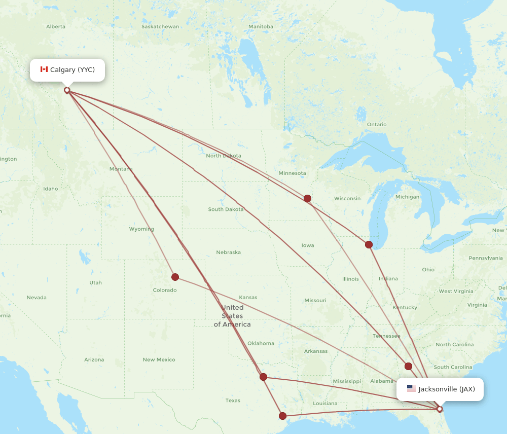 Calgary - Jacksonville route map and flight paths