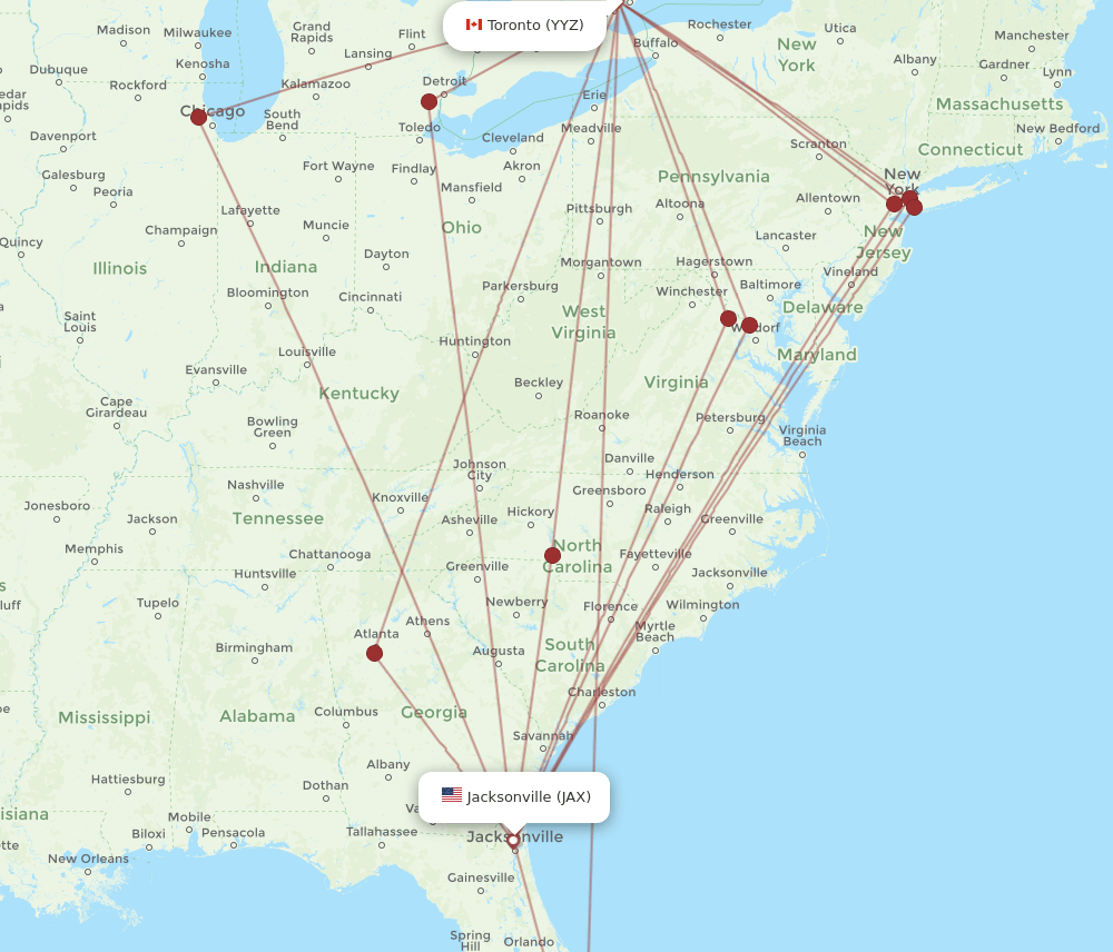 Toronto - Jacksonville route map and flight paths