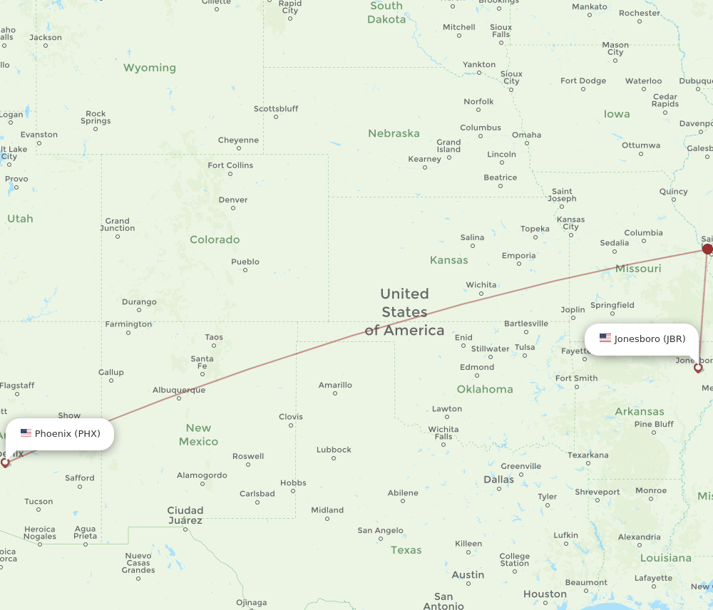 JBR to PHX flights and routes map