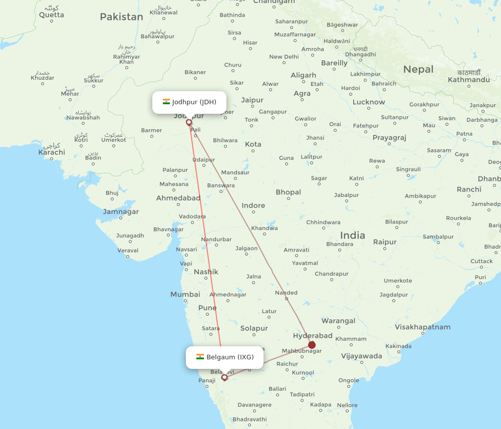 IXG to JDH flights and routes map