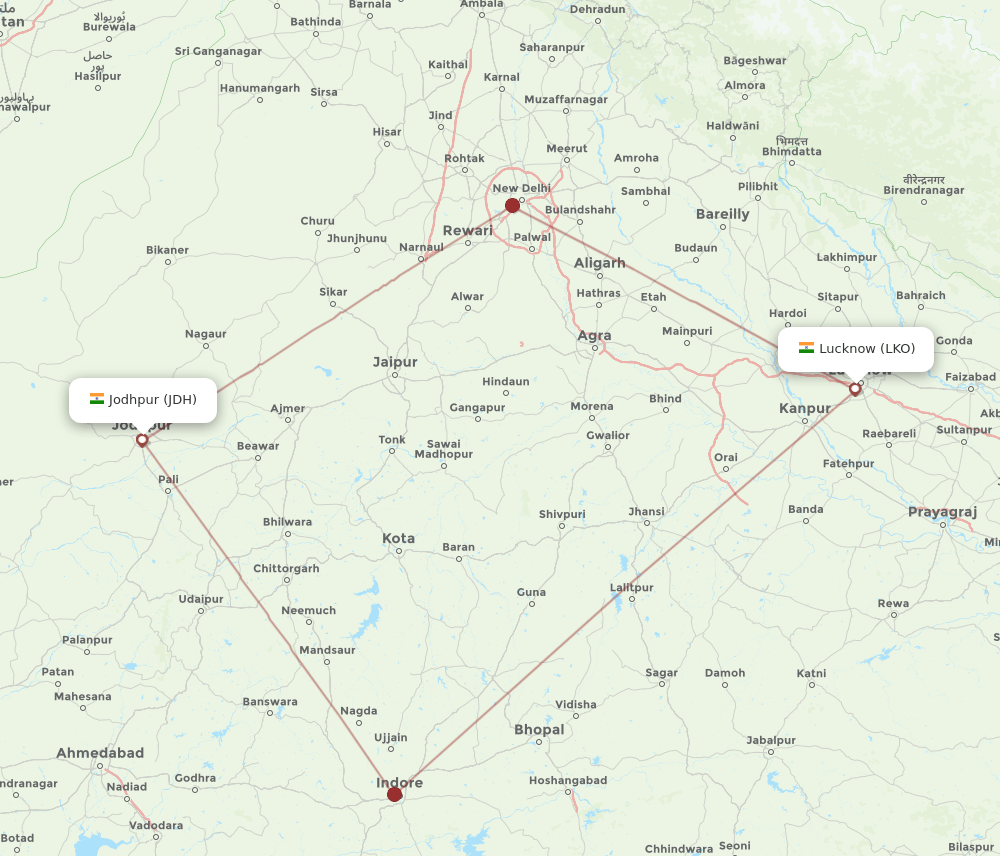 JDH to LKO flights and routes map