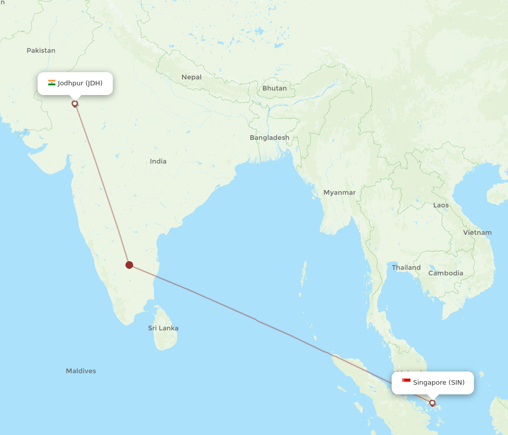 Jodhpur - Singapore route map and flight paths