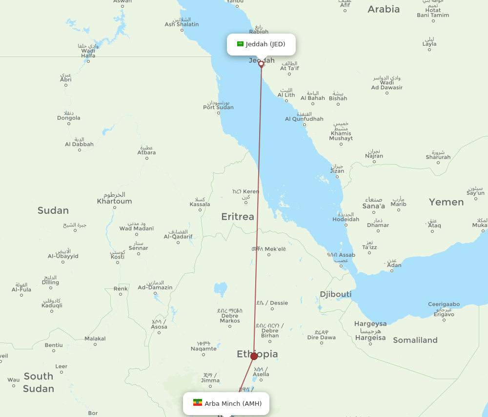 JED to AMH flights and routes map