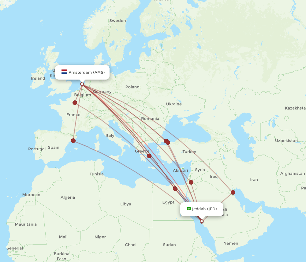 JED-AMS flight routes
