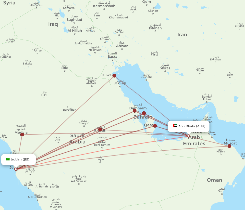 JED to AUH flights and routes map