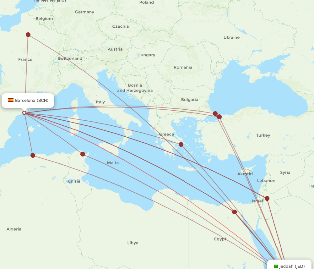 JED-BCN flight routes