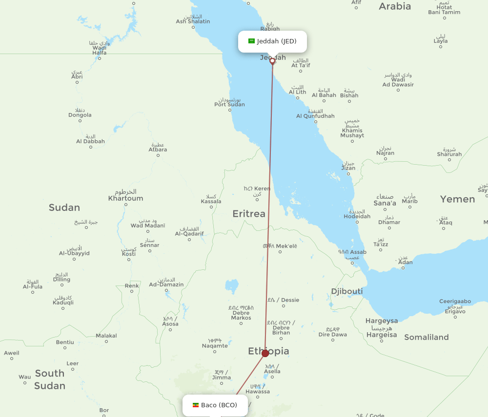 JED to BCO flights and routes map