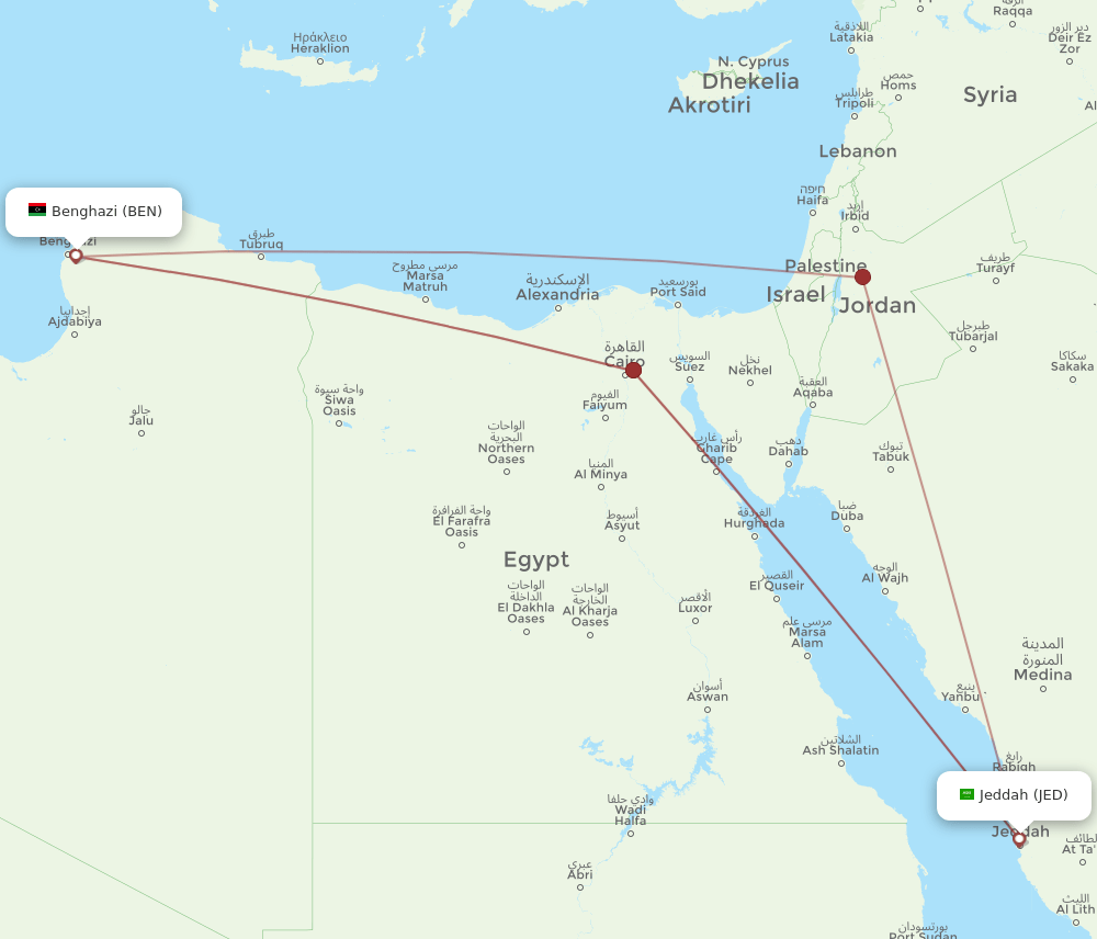 JED to BEN flights and routes map