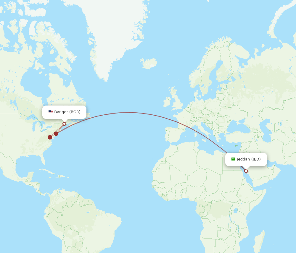 JED to BGR flights and routes map