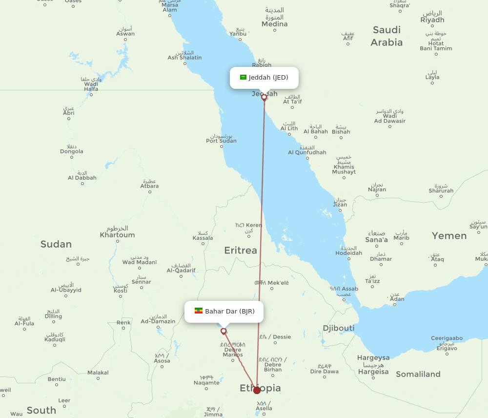 JED to BJR flights and routes map