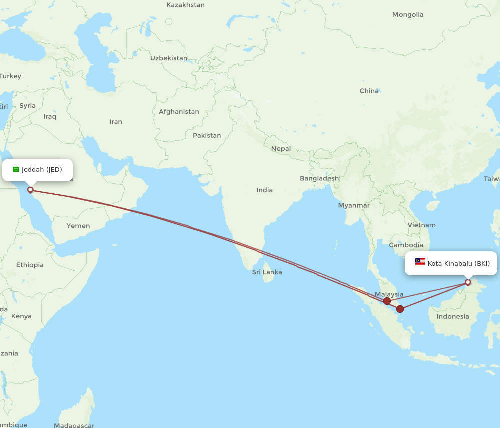 JED to BKI flights and routes map