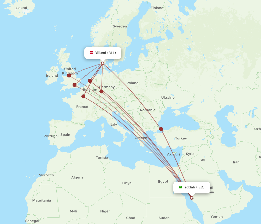 JED-BLL flight routes