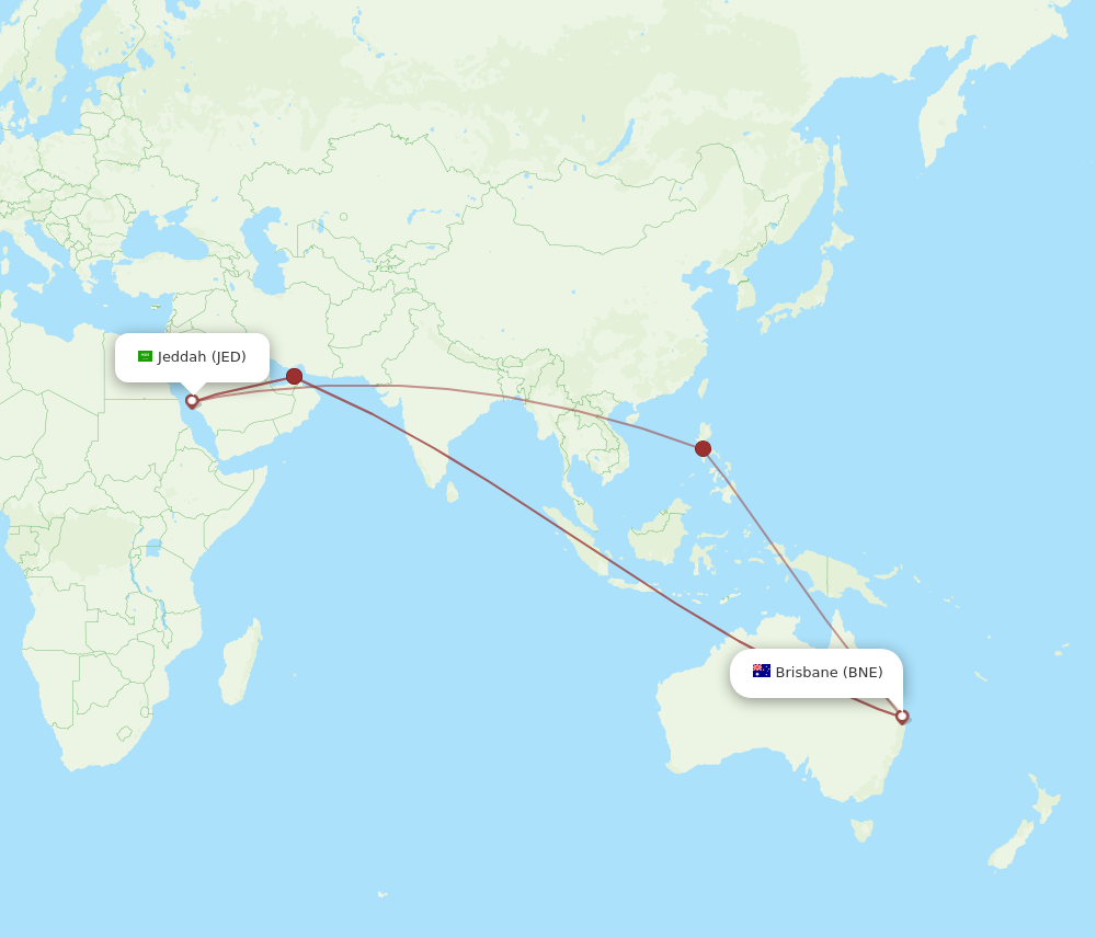 JED to BNE flights and routes map