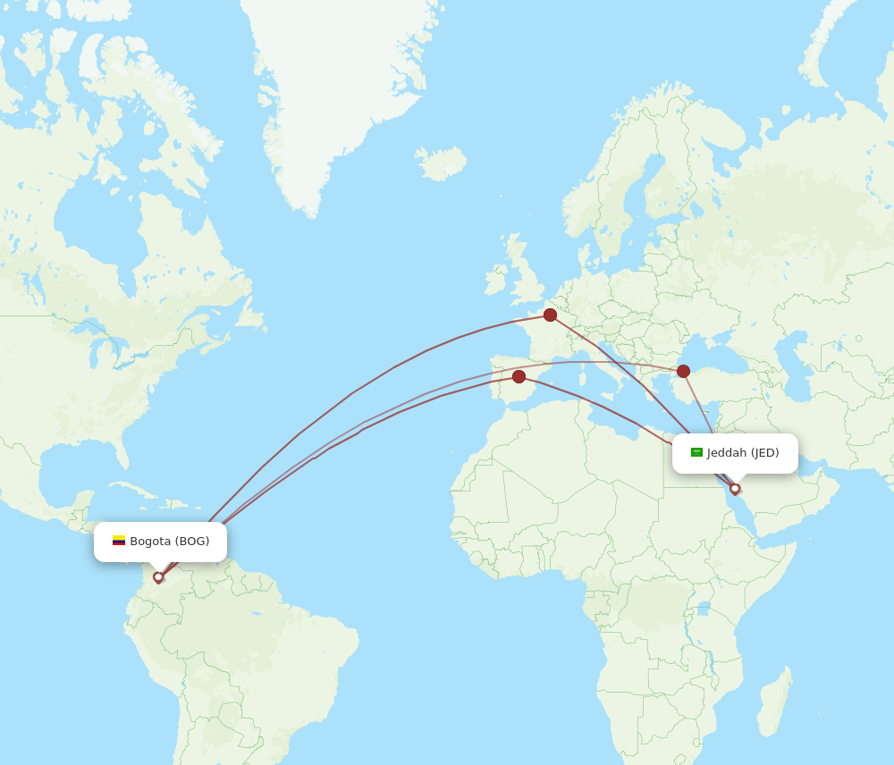 JED to BOG flights and routes map