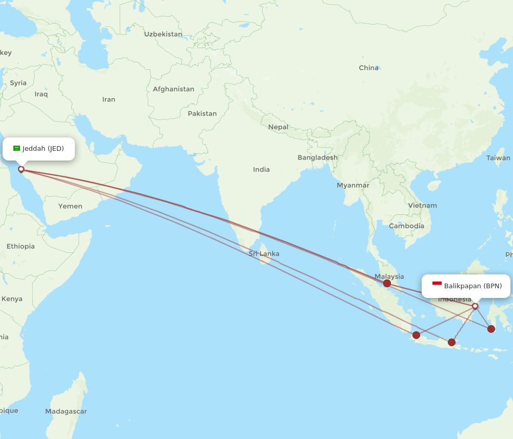 JED to BPN flights and routes map