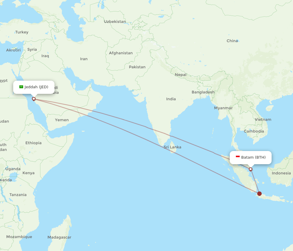 JED to BTH flights and routes map