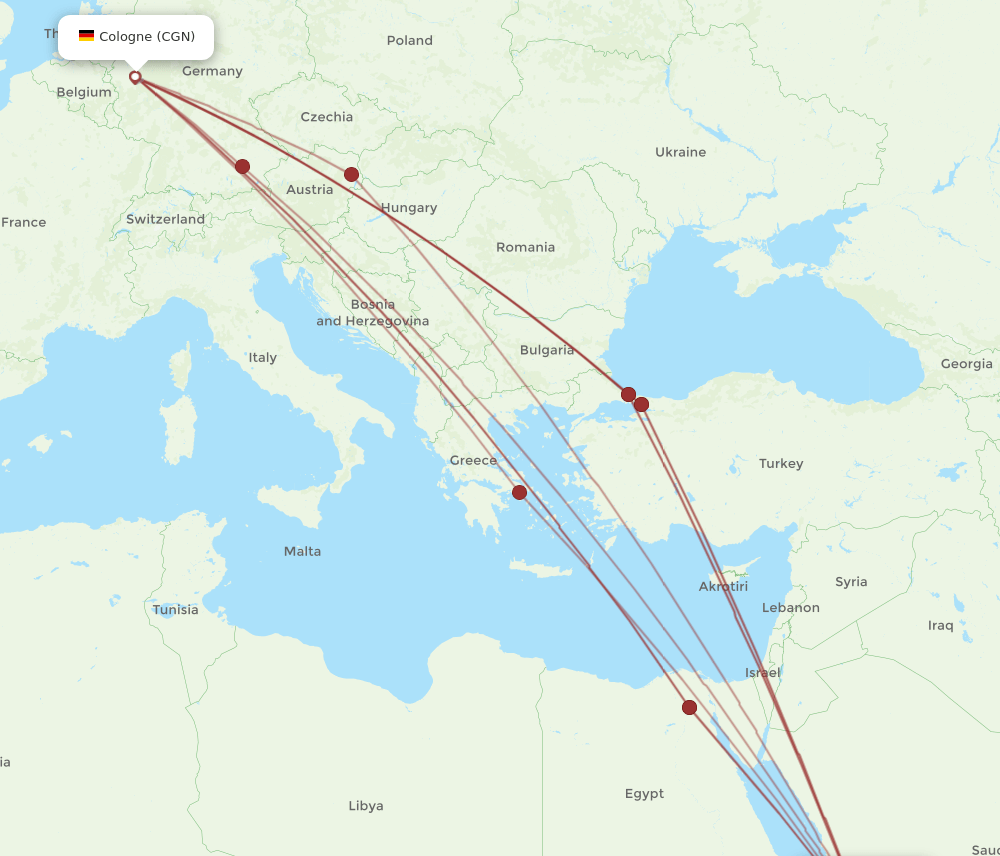 JED to CGN flights and routes map