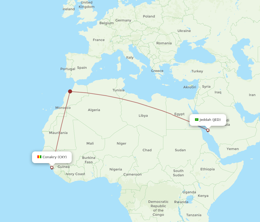 JED to CKY flights and routes map