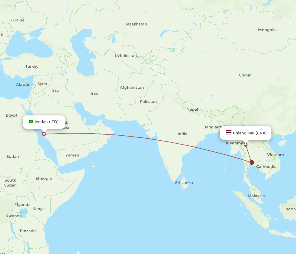 JED to CNX flights and routes map