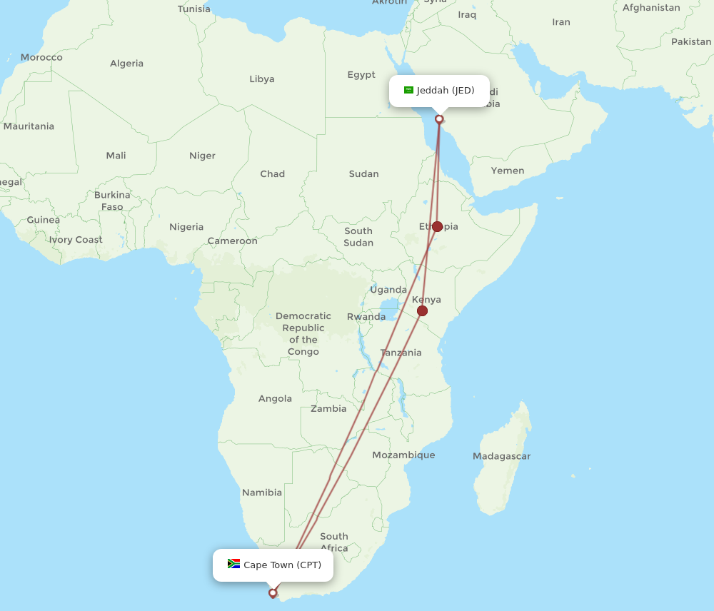 JED to CPT flights and routes map
