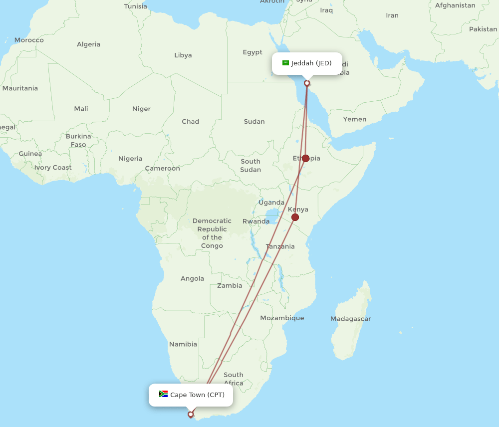 JED to CPT flights and routes map