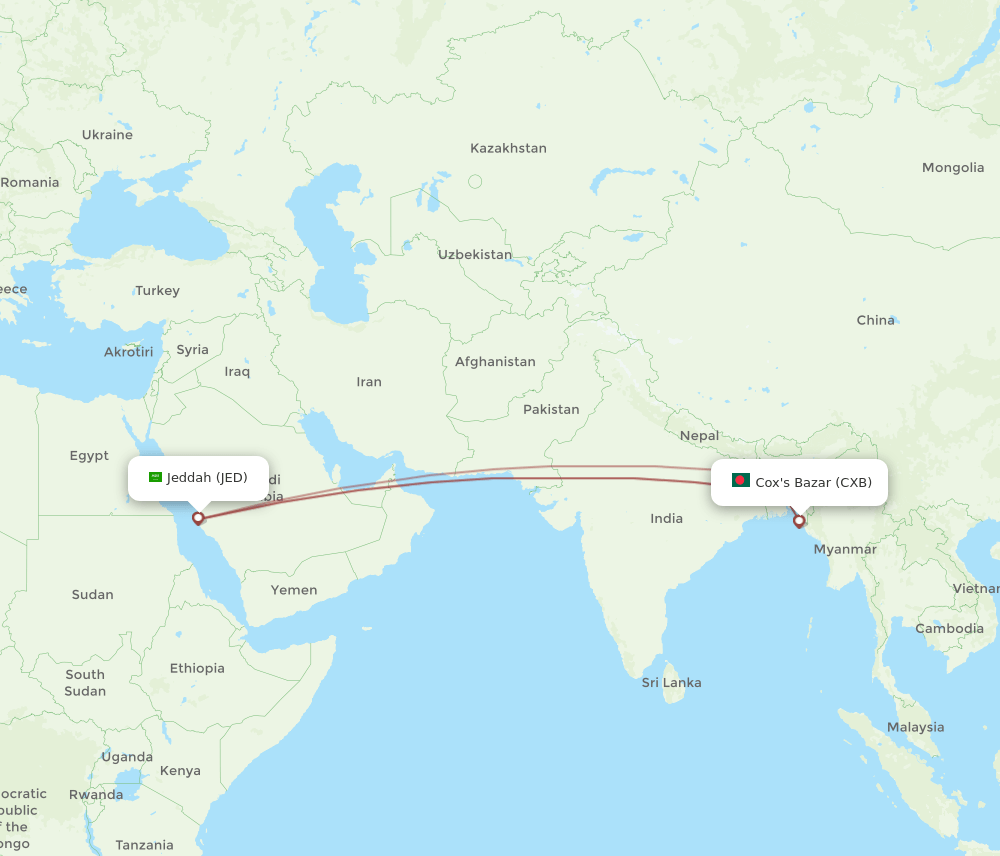 JED to CXB flights and routes map