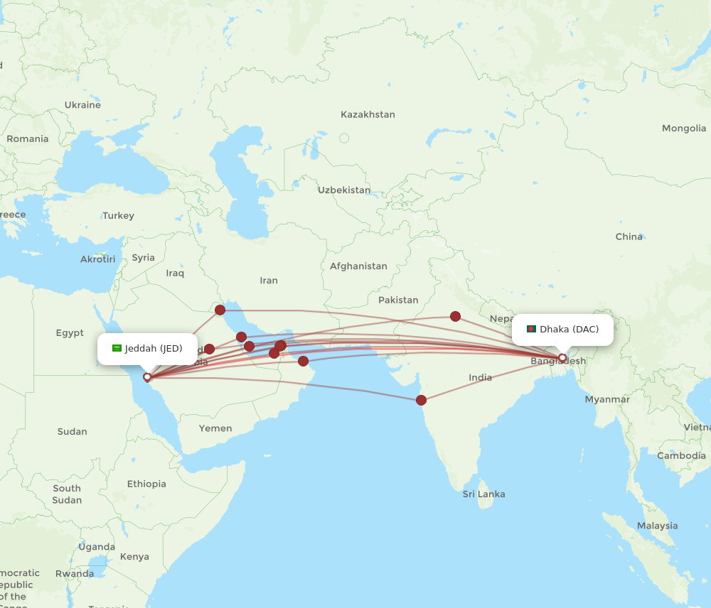 JED to DAC flights and routes map