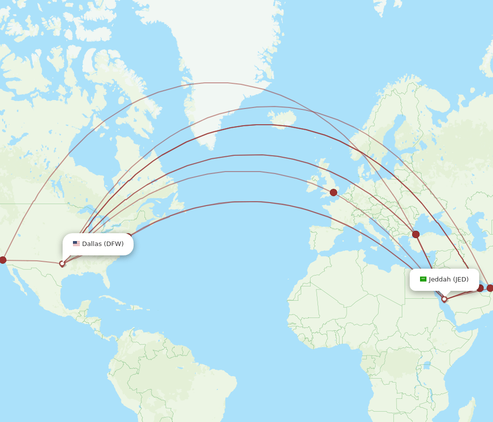 JED-DFW flight routes