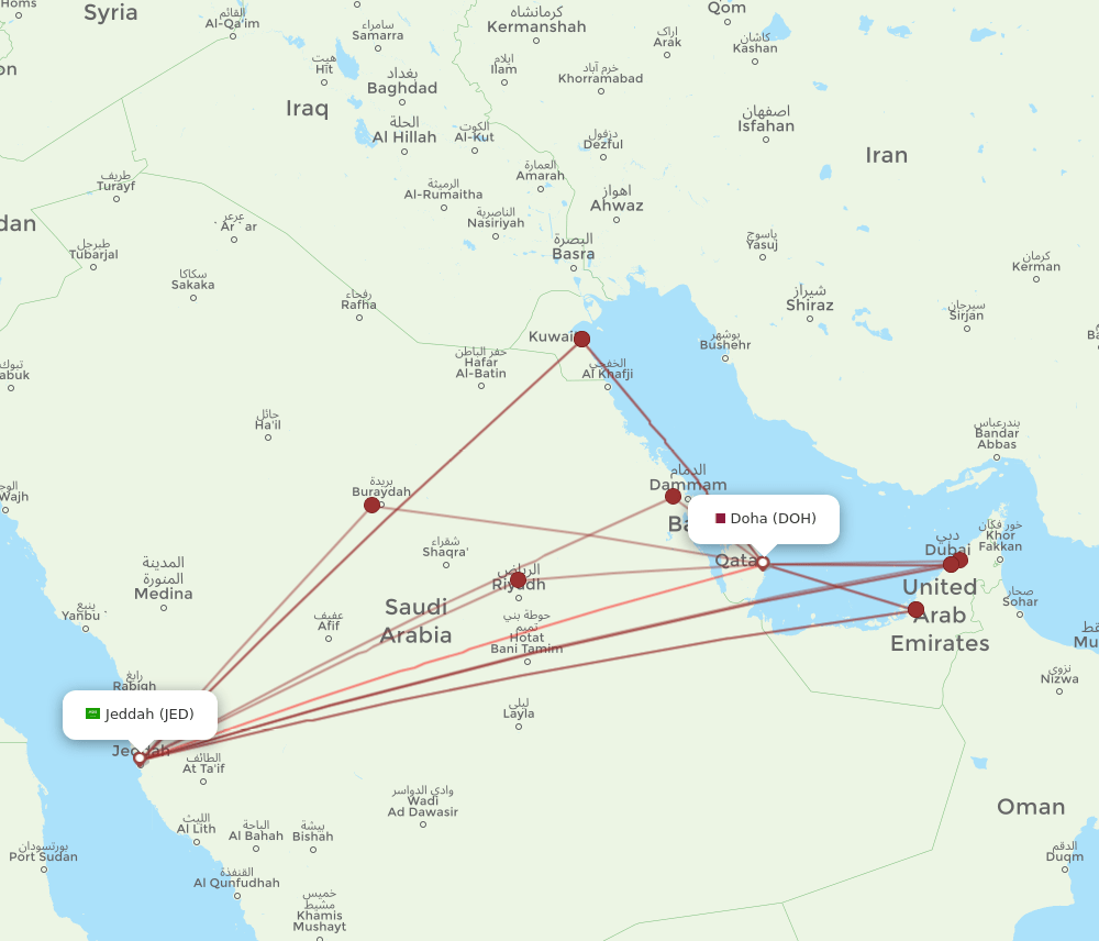 JED to DOH flights and routes map