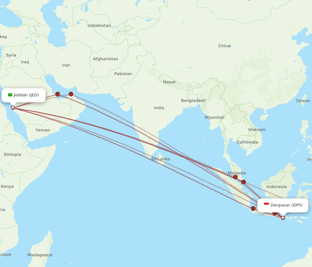 JED to DPS flights and routes map