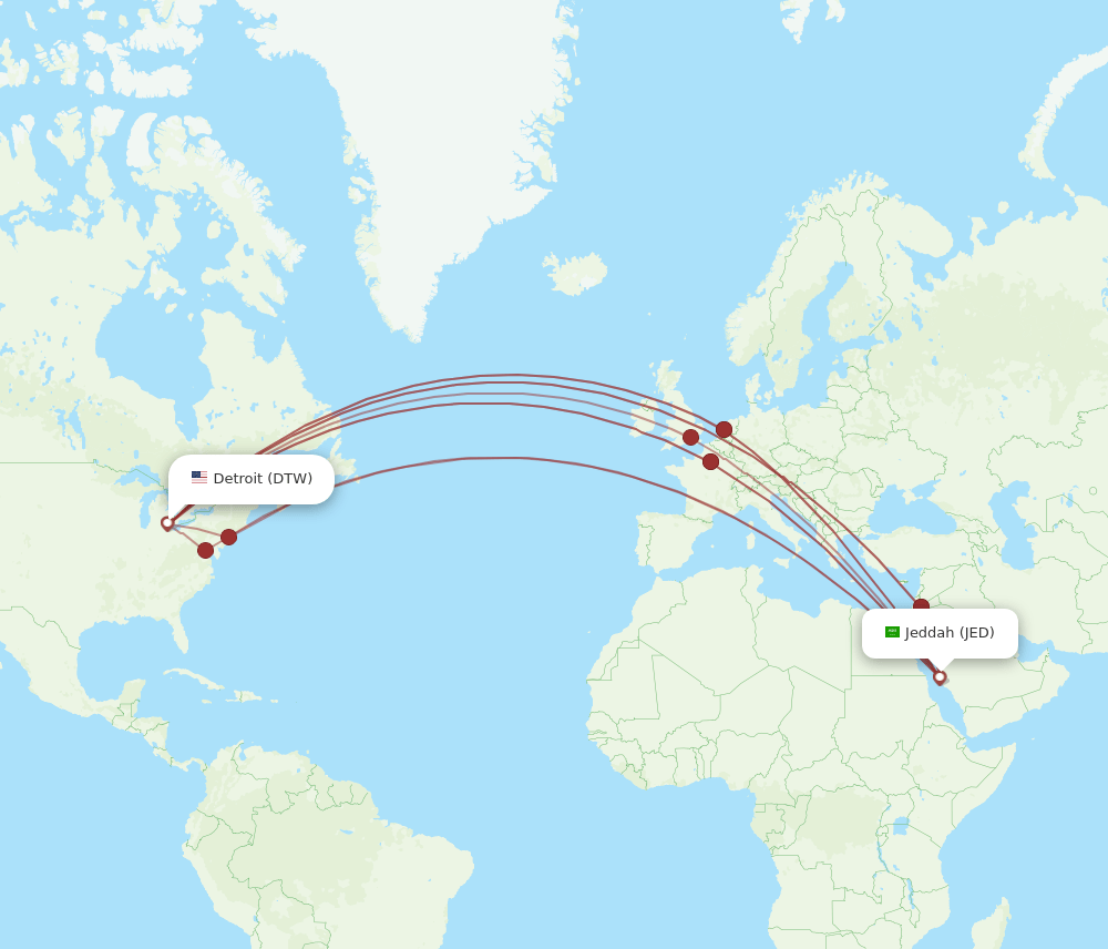 JED-DTW flight routes