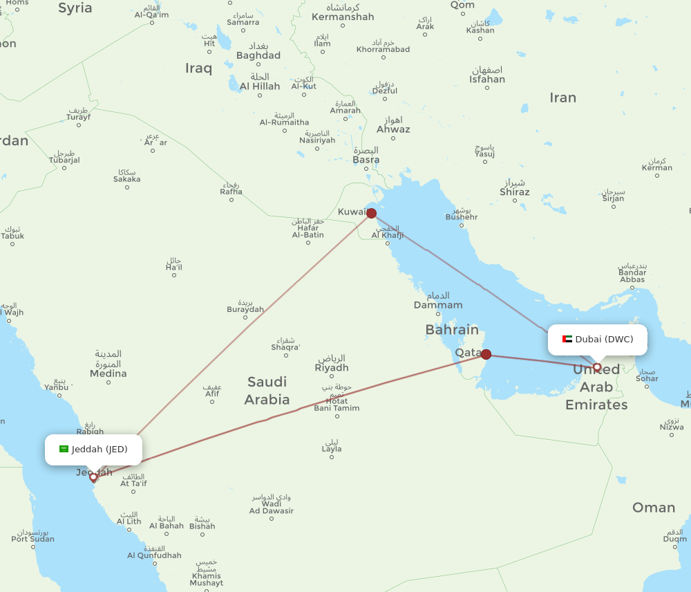 JED to DWC flights and routes map