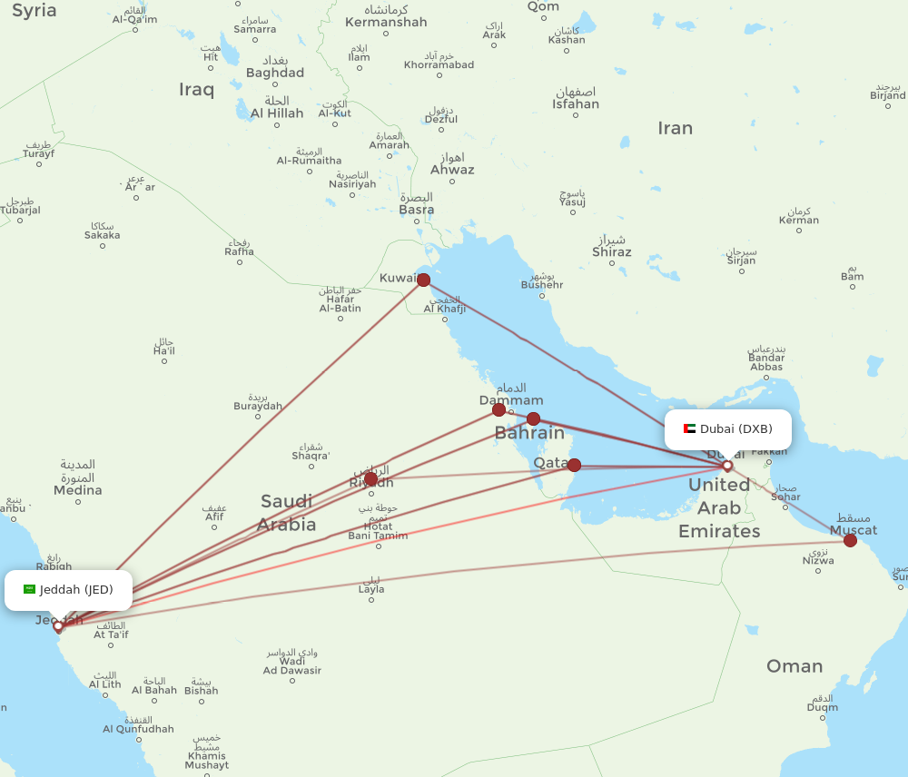 JED to DXB flights and routes map