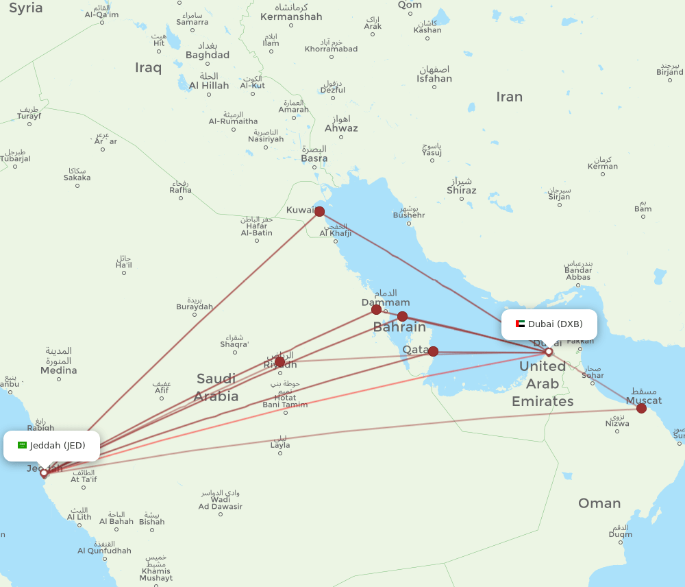 JED to DXB flights and routes map