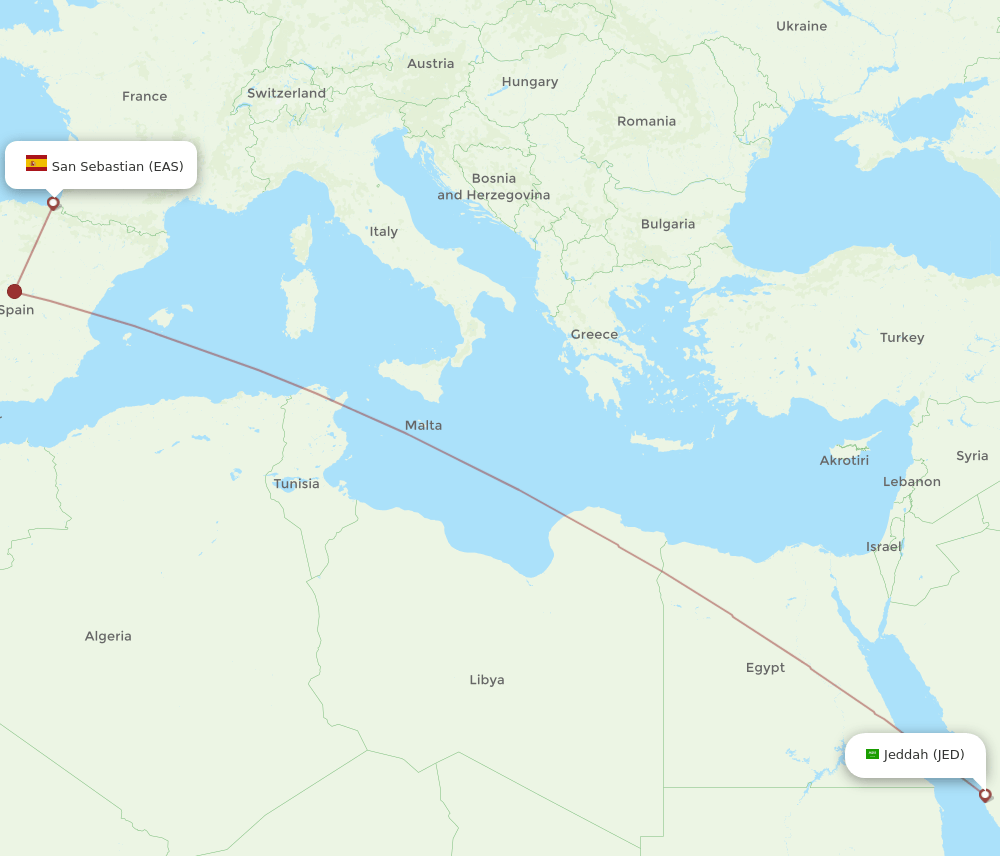 Jeddah - San Sebastian route map and flight paths