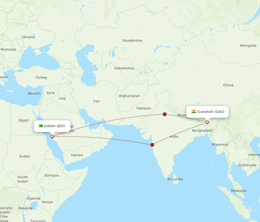 JED-GAU flight routes