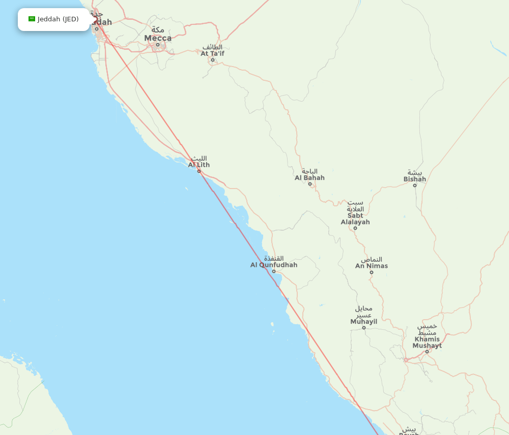 Jeddah - Jazan route map and flight paths