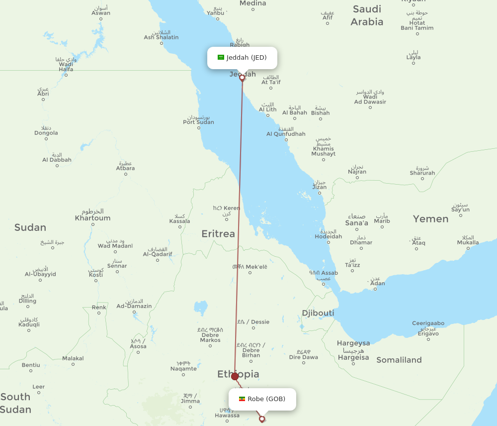 JED to GOB flights and routes map