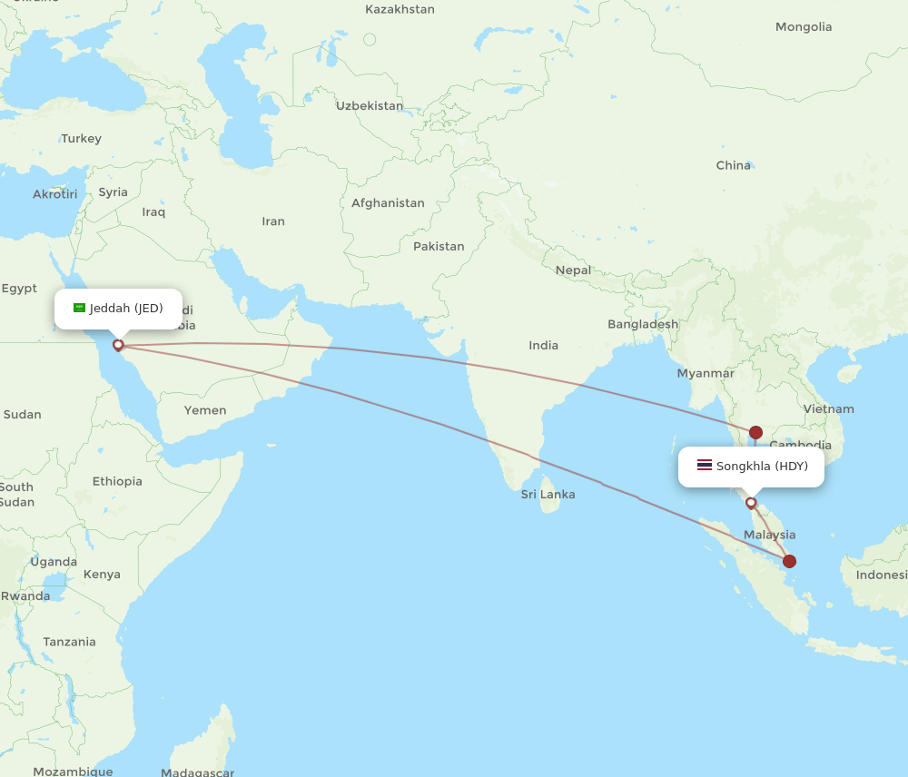 JED to HDY flights and routes map