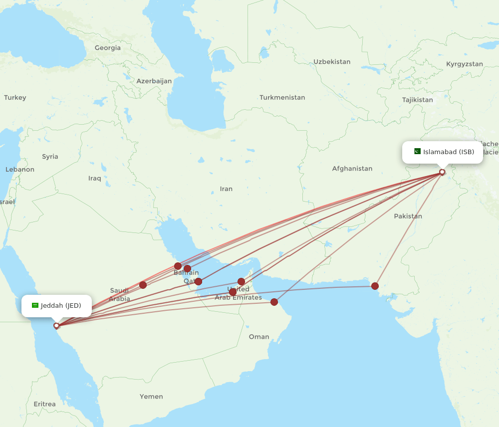 JED to ISB flights and routes map