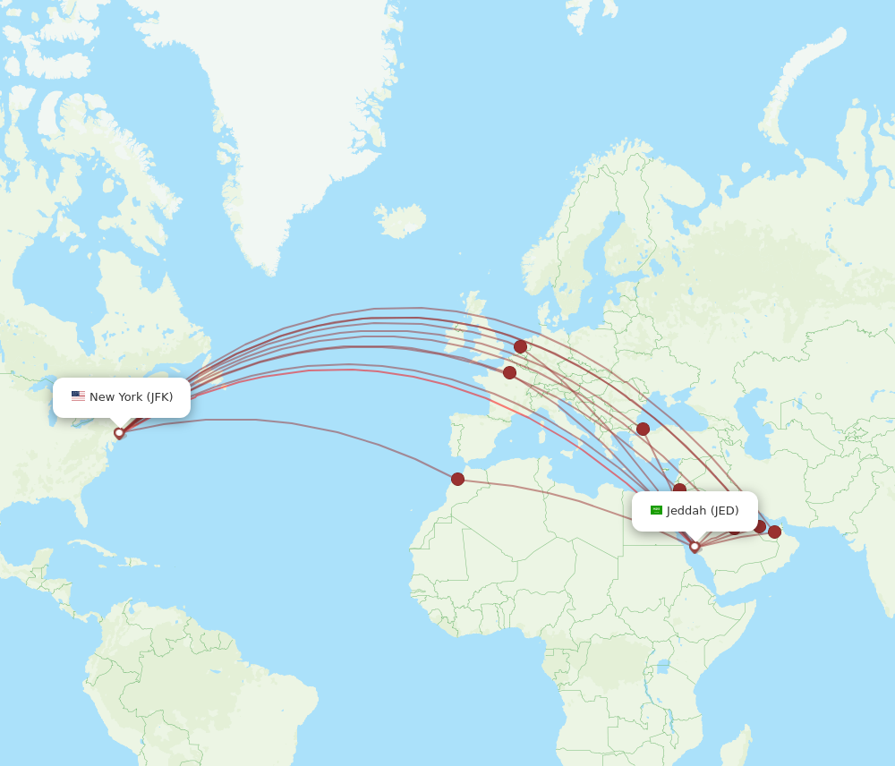JED to JFK flights and routes map